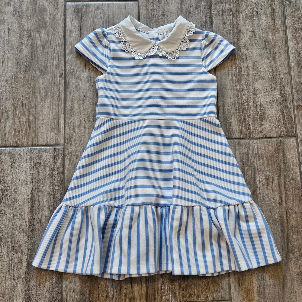 Janie and Jack Dress Kids 5 Blue White Striped Lace Collar Ruffle Hem Preppy
